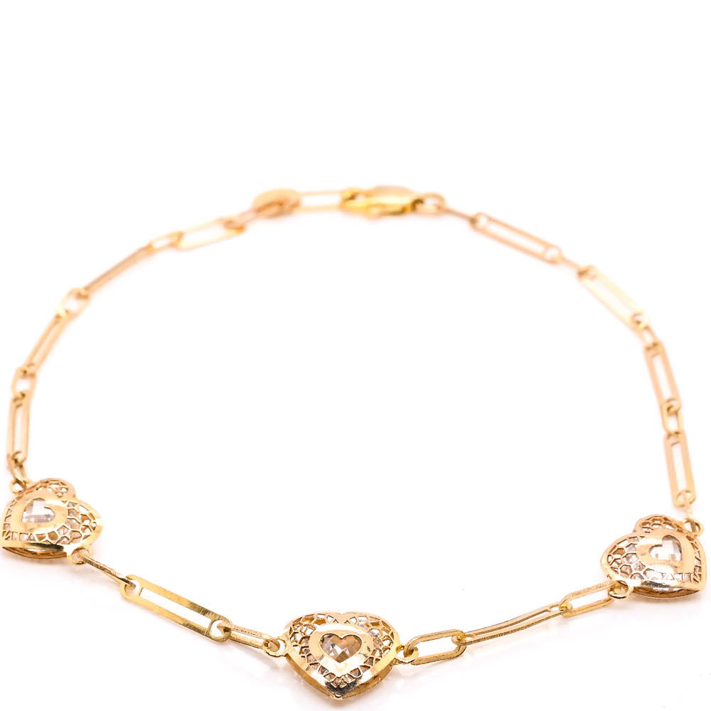 10KT Yellow Gold 7.75" C.Z Heart Paper Clip Bracelet