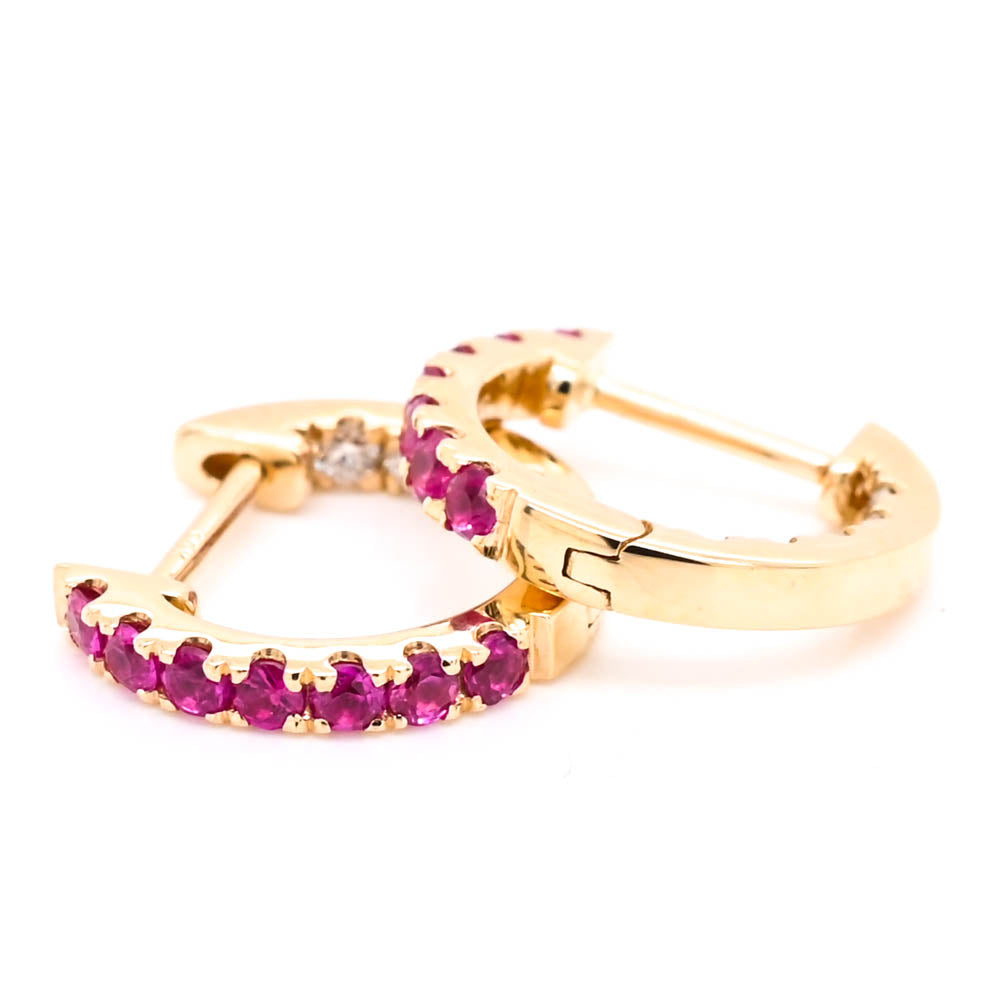 14KT Yellow Gold 0.34CTW Ruby & Diamond Huggies Earrings.