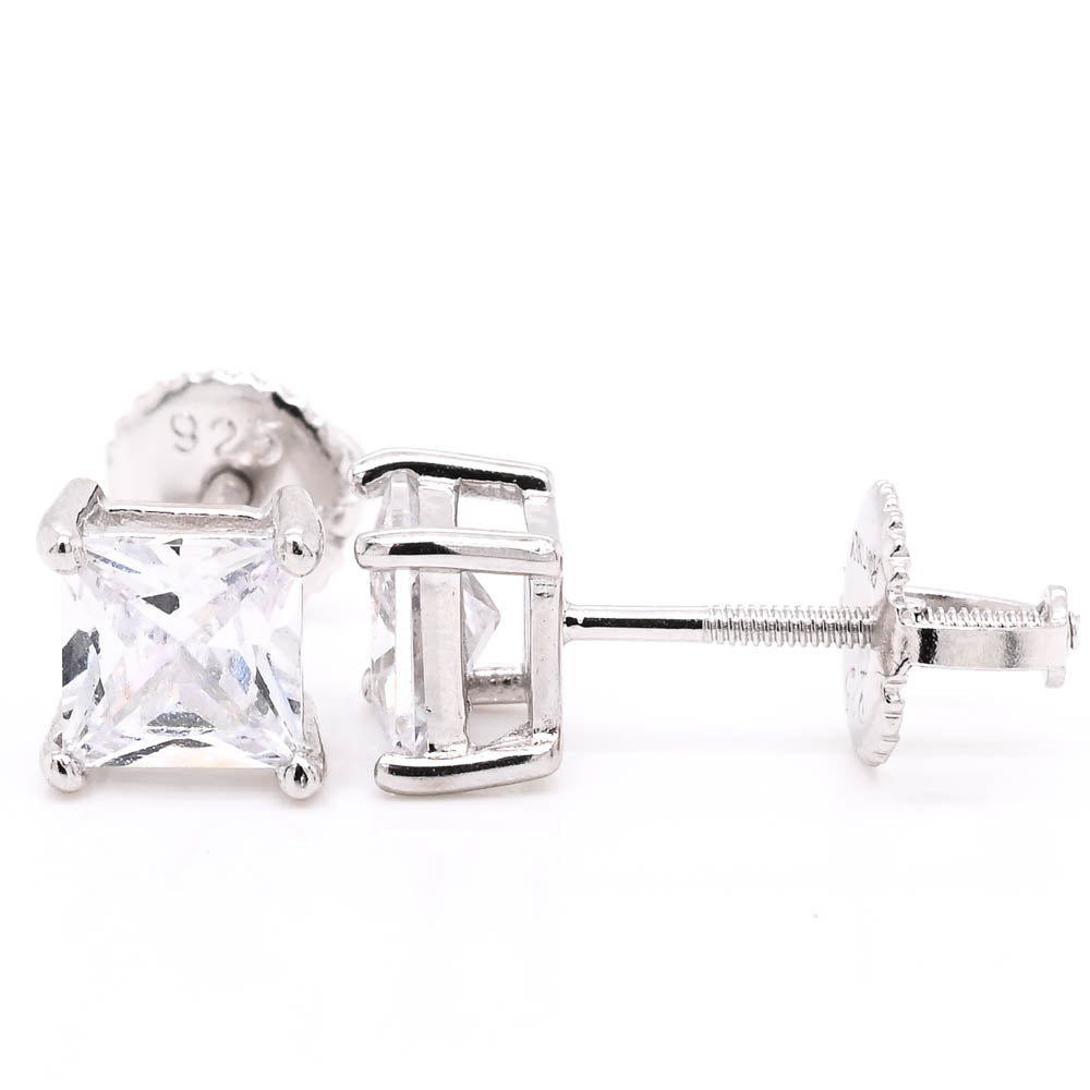 Sterling Silver 7mm Princess Cut C.Z Stud Earrings.