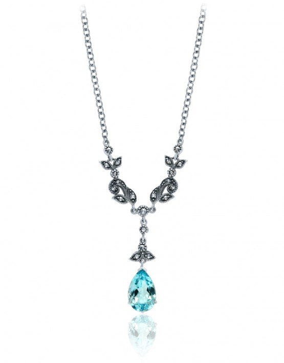 Larus Sterling Silver 18" Blue Topaz & Marcasite Necklace.