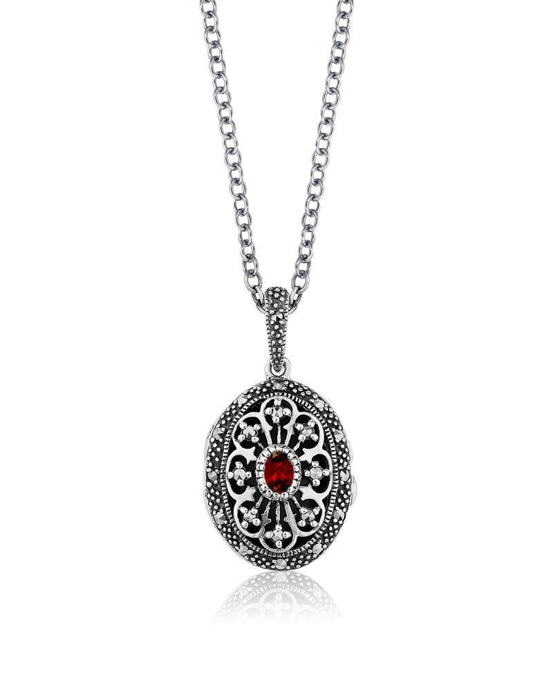 Larus Sterling Silver 24" Garnet and Marcasite Locket.