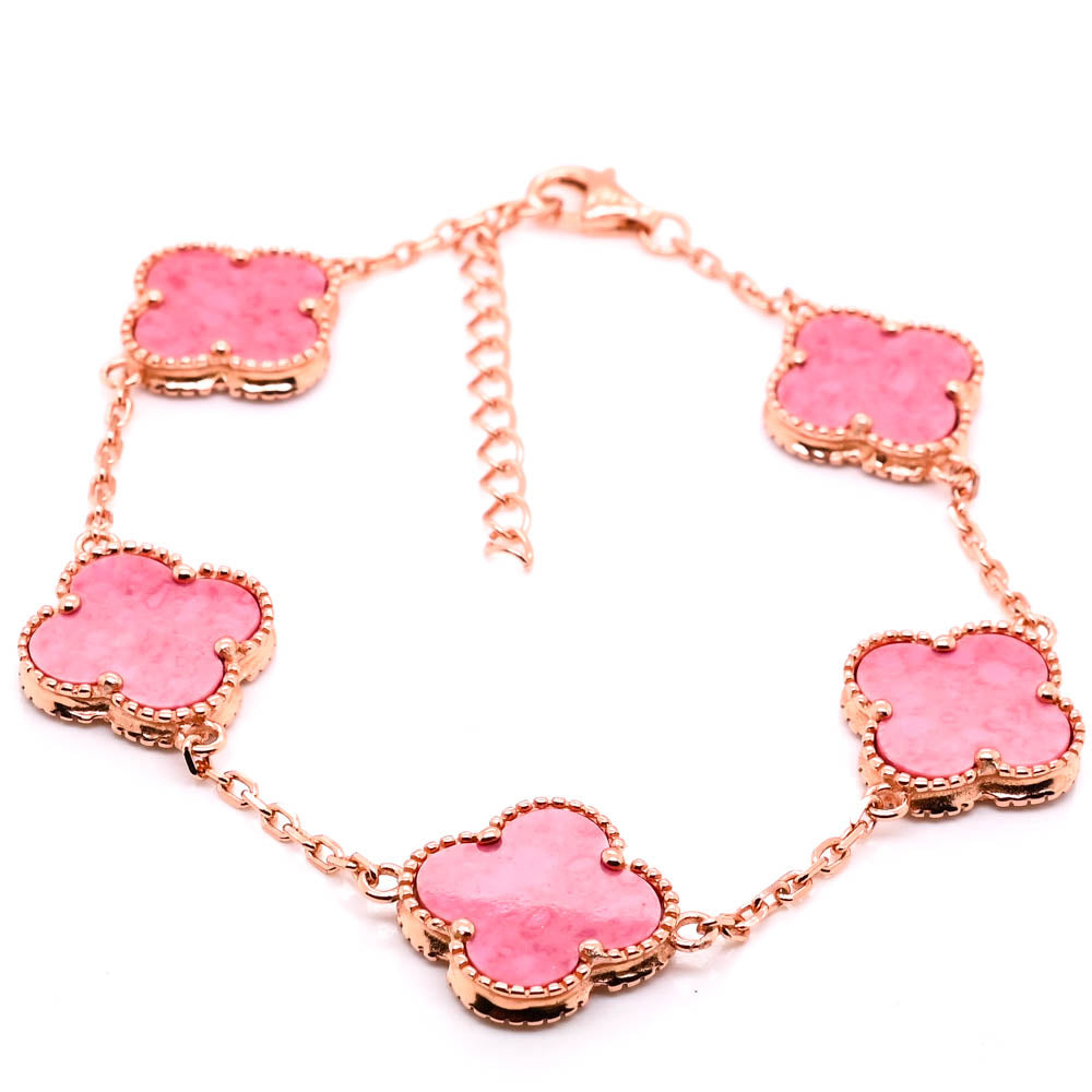 Sterling Silver 14Kt Rose Gold Plated 8" Pink Rhodonite Flower Bracelet.