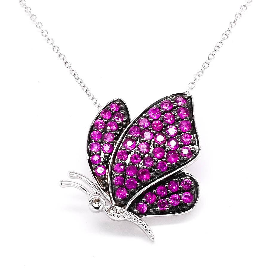 10KT White Gold 18" 0.45CTW Ruby and Diamond Butterfly Necklace.