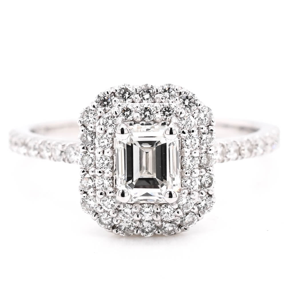 14KT White Gold 1.07CTW Emerald Cut Canadian Diamond Double Halo Engagement Ring.