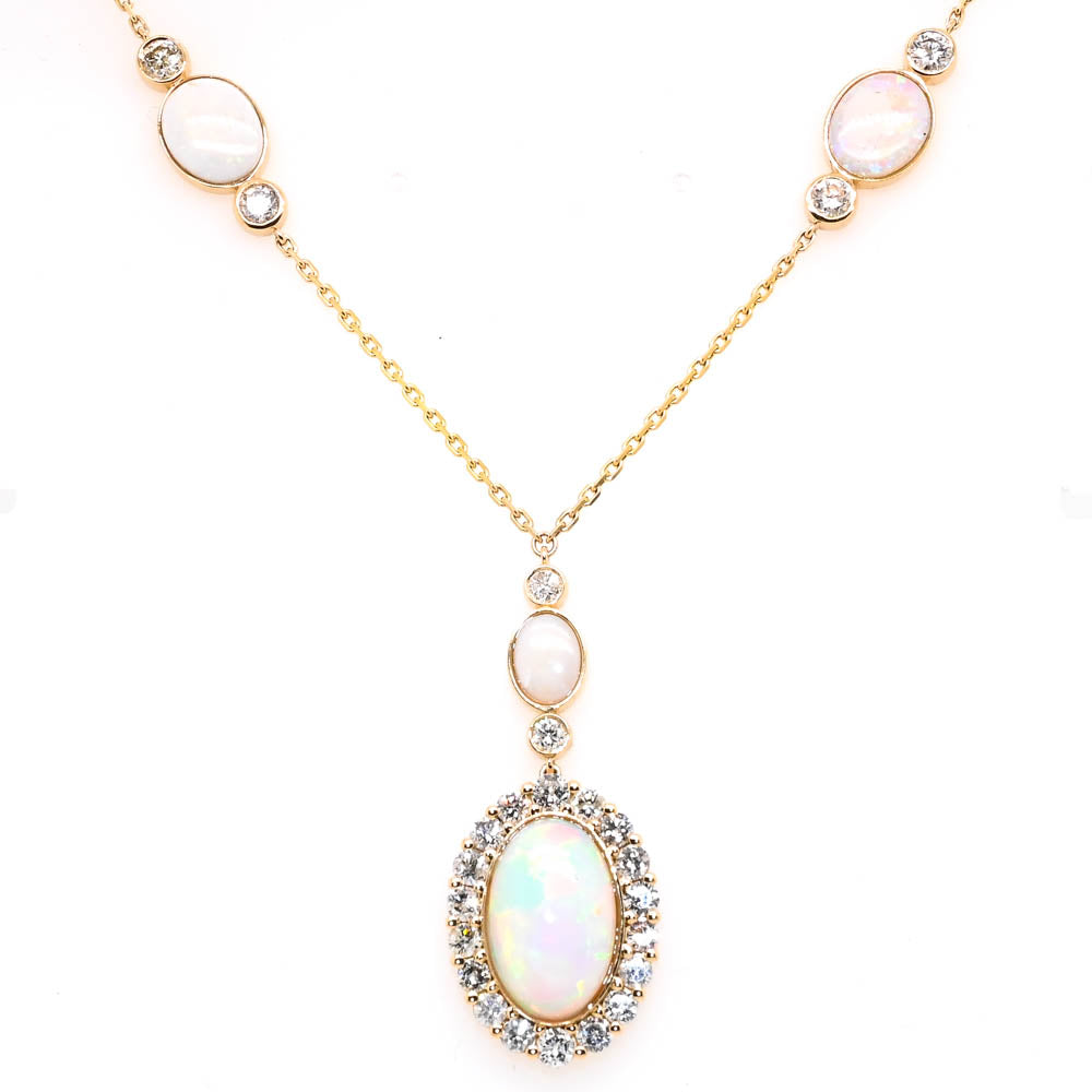 14KT Yellow Gold 20" 5.90CT Cabochon Cut Opal and Diamond Drop Necklace.