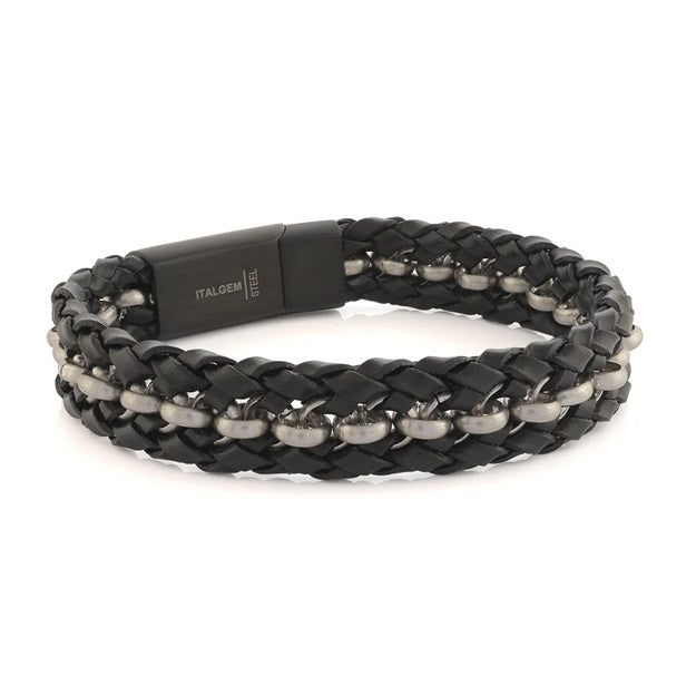 Italgem Steel 8.5" Black Leather & Steel Bracelet.