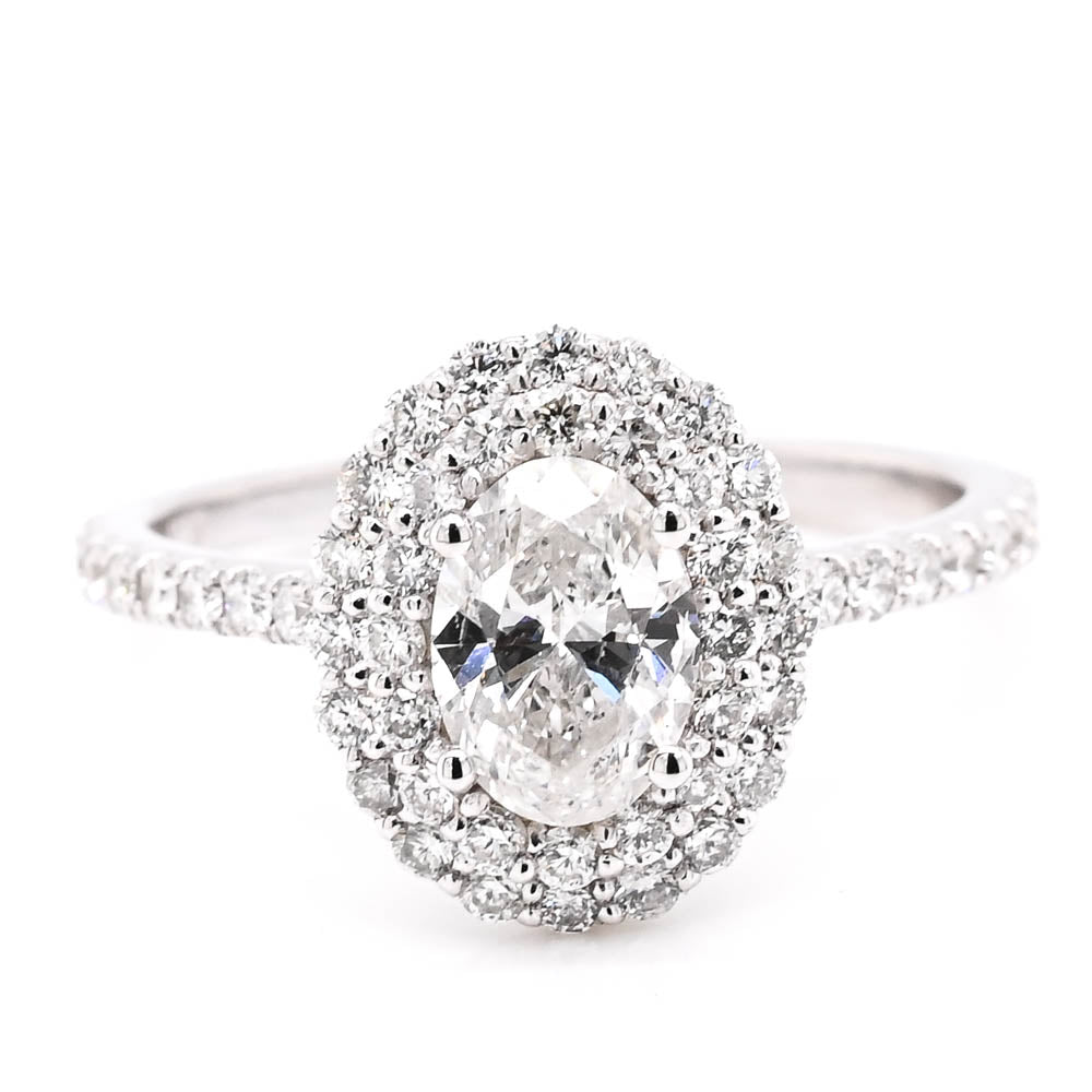 14KT White Gold 1.23CTW Oval Shape Diamond Double Halo Set Engagement Ring.
