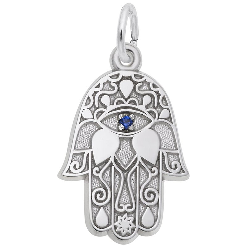 Rembrandt Sterling Silver Hamsa with Blue Stone Charm.