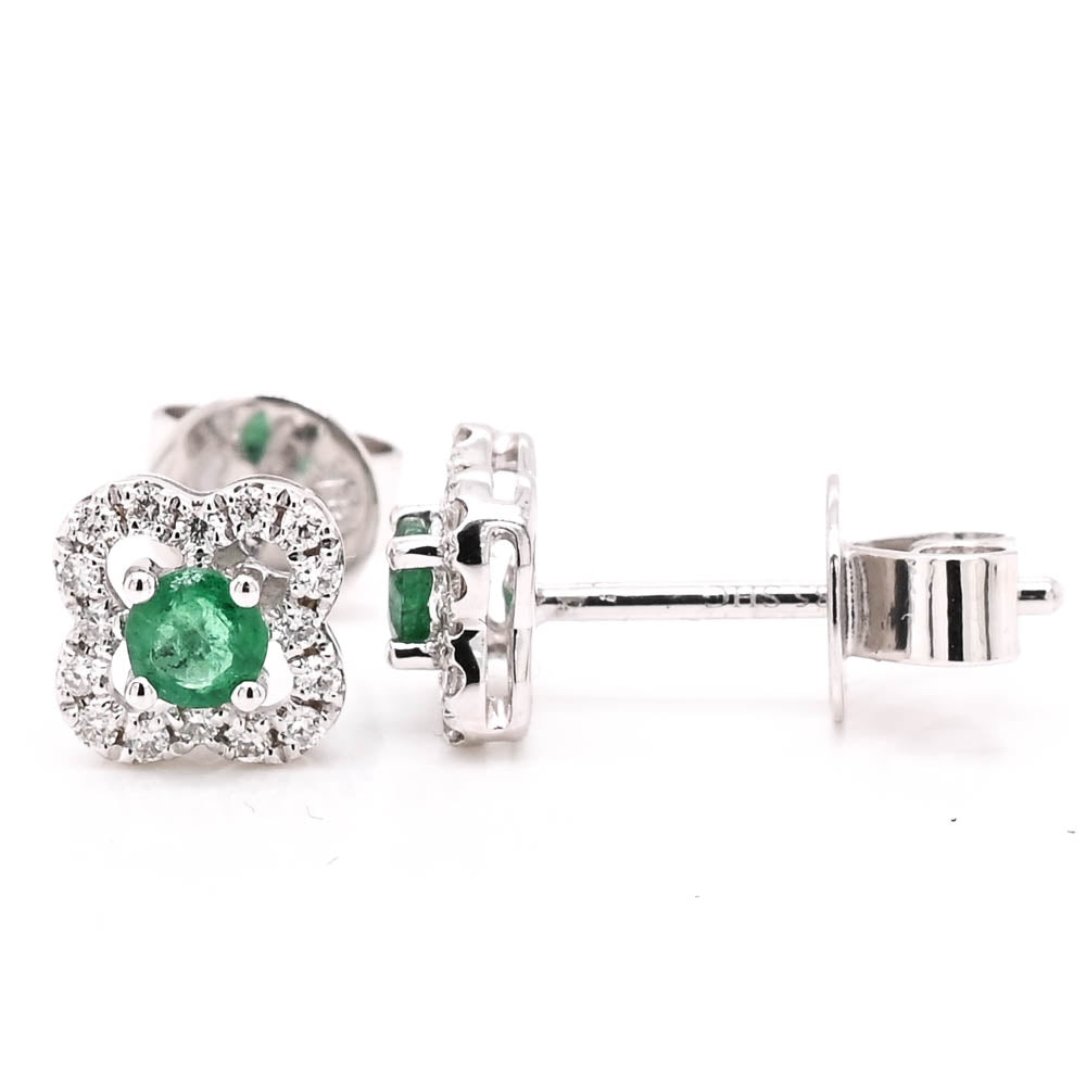 14KT White Gold 0.22CTW Emerald & Diamond Halo Set Earrings.