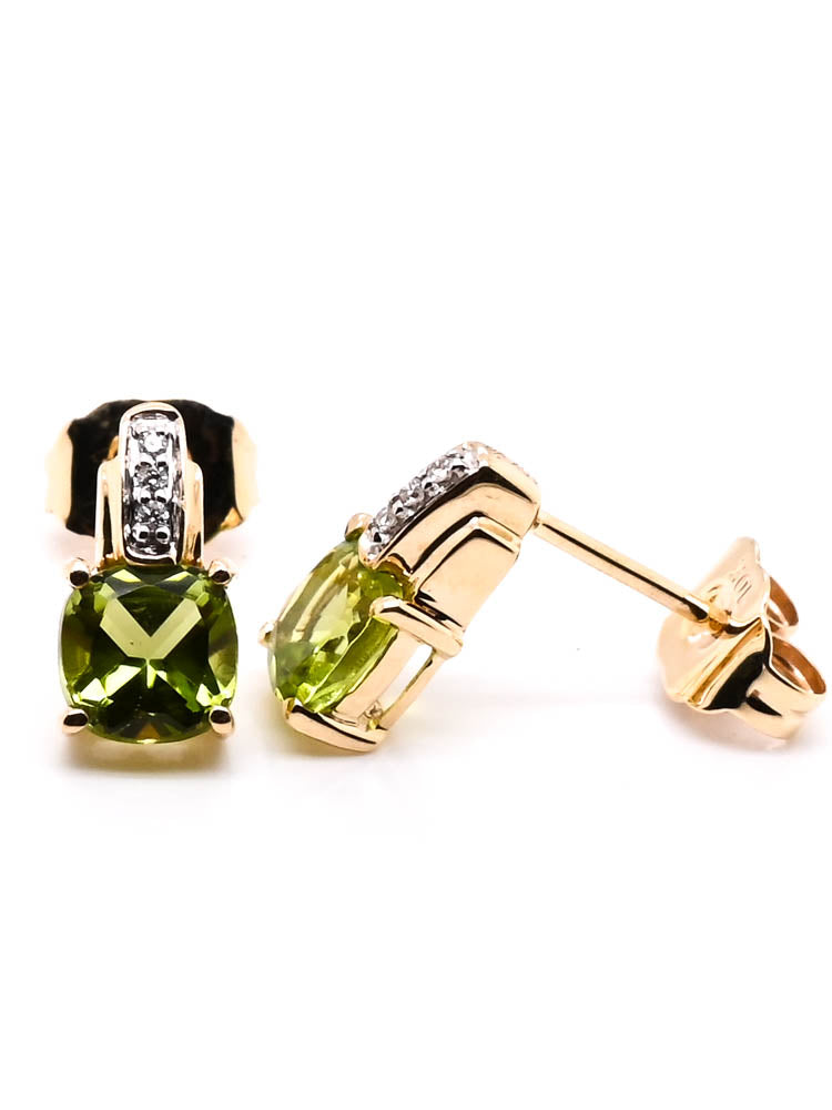 10KT Yellow Gold Cushion Cut Peridot & Diamond Earrings.