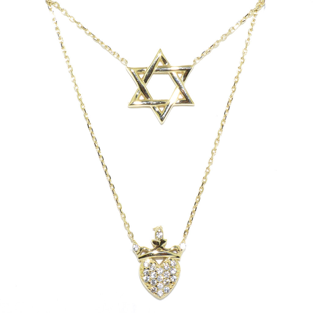10KT Yellow Gold 18" C.Z Heart , Star & Evel Eye Layered Necklace.