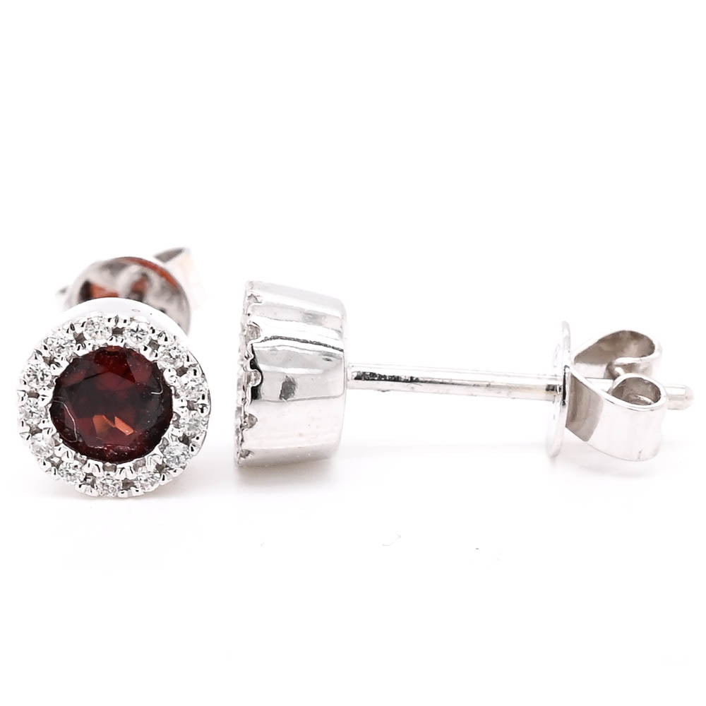 14KT White Gold Garnet & Diamond Halo Set Stud Earrings.
