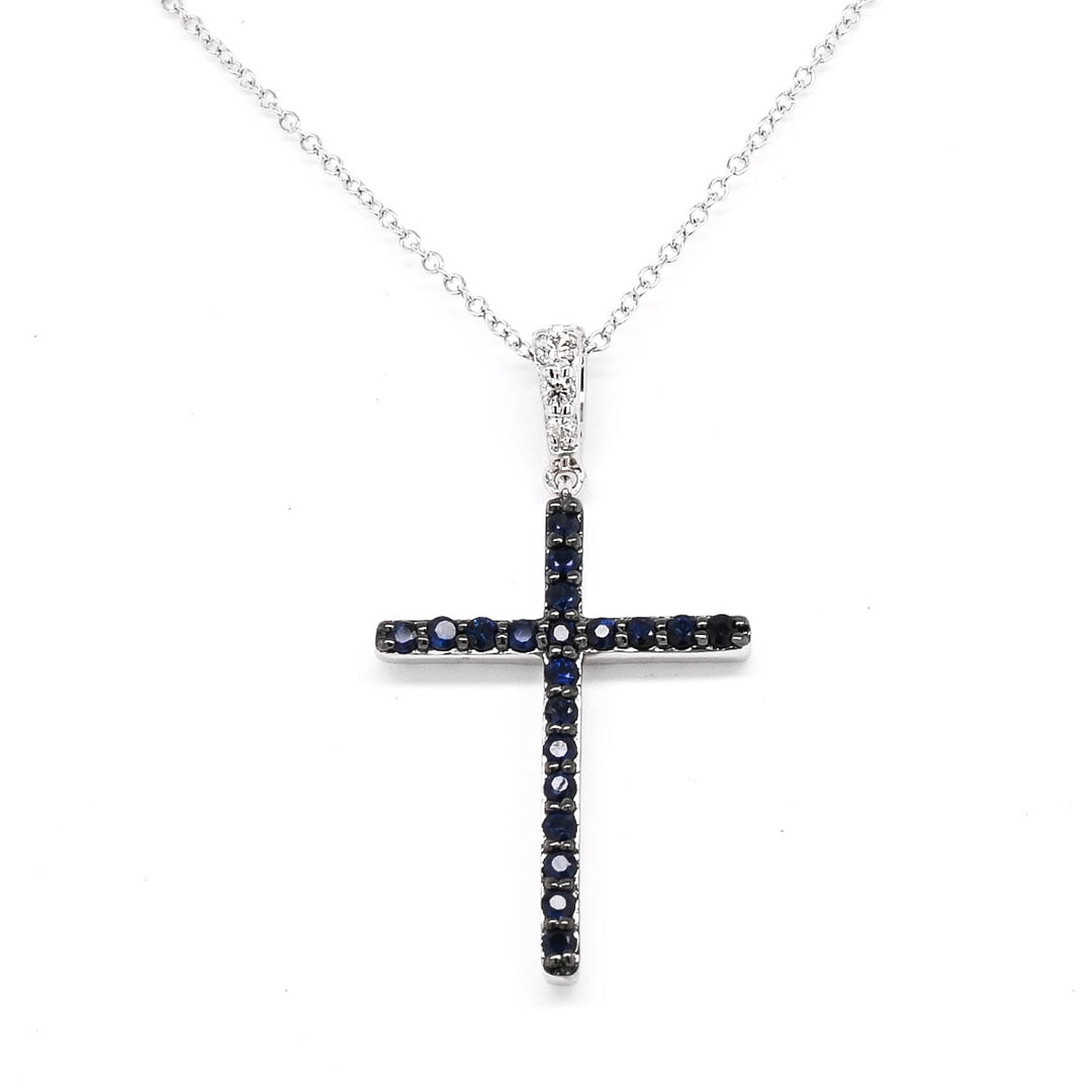 10KT White Gold 18" 0.20CTW Blue Sapphire and Diamond Cross Necklace.