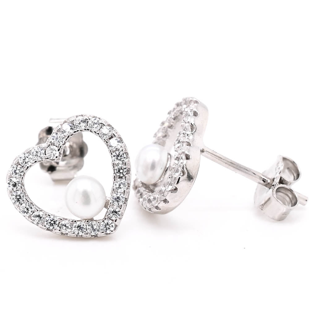 Sterling Silver Pearl C.Z Stud Earrings.