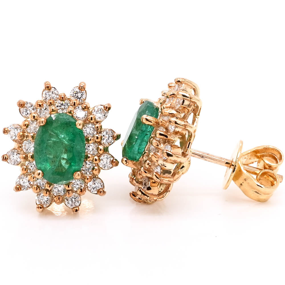 14KT Yellow Oval Shape Emerald & Diamond Cluster Stud Earrings.