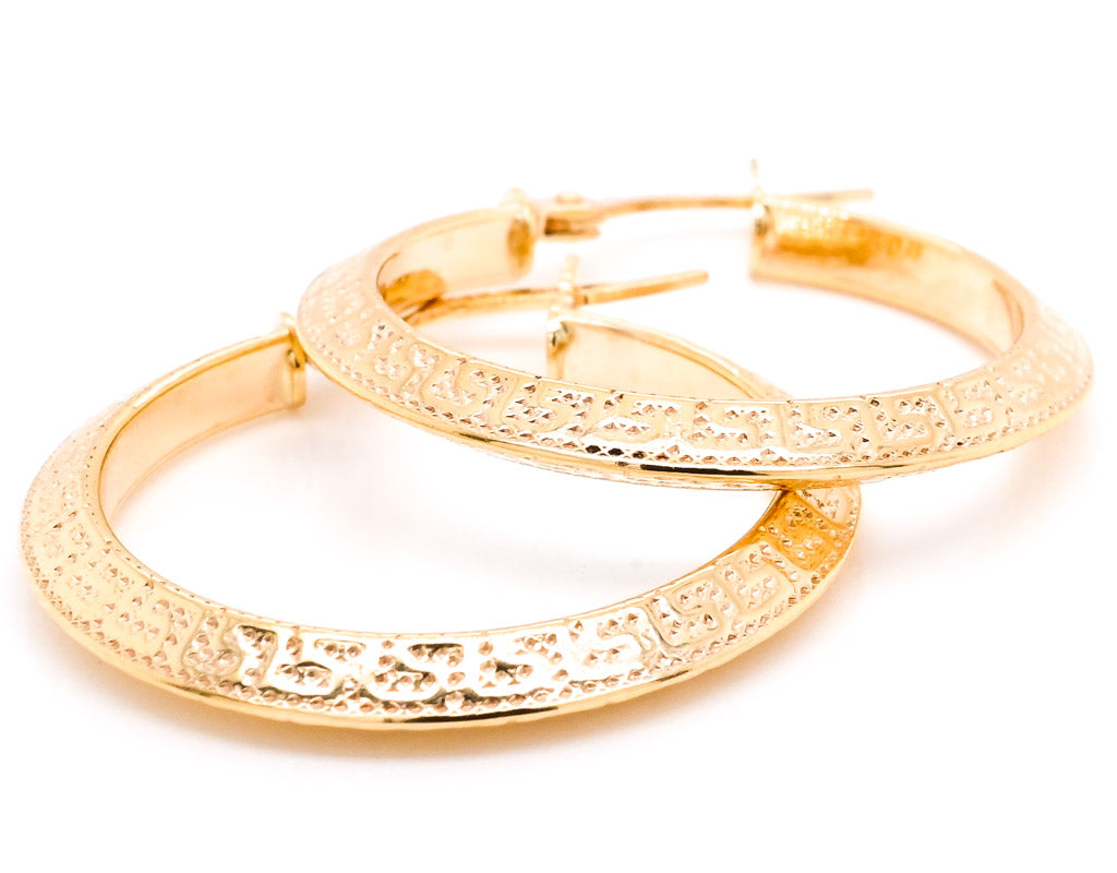 10 Karat Yellow Gold Greek Key Medium Hoop Earrings.