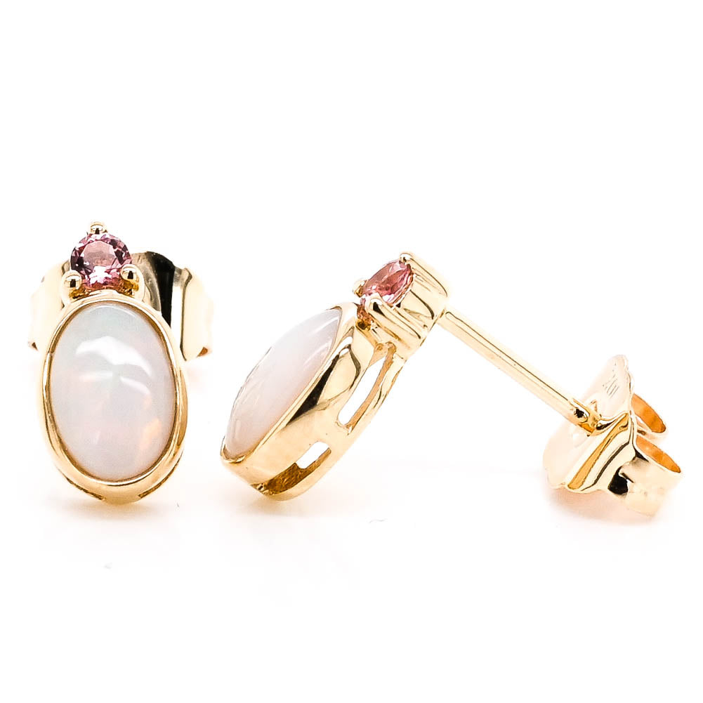 10KT Yellow Gold Opal and Pink Tourmaline Earrings.
