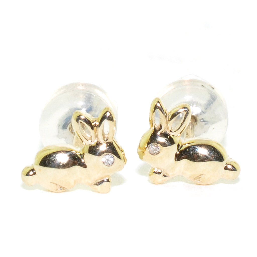 10KT Yellow Gold 0.01CTW Diamond Bunny Childrens Earrings.