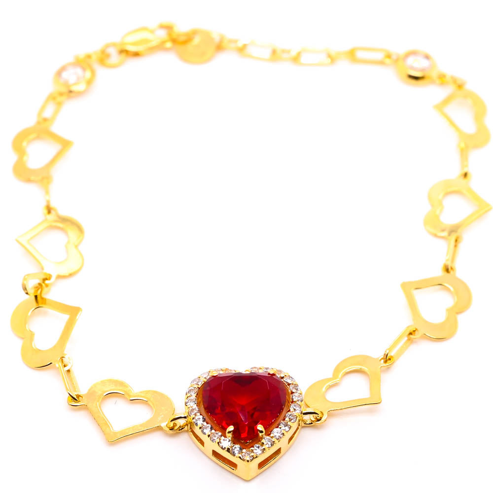 10KT Yellow Gold 7.5" Red c.z Heart Bracelet.