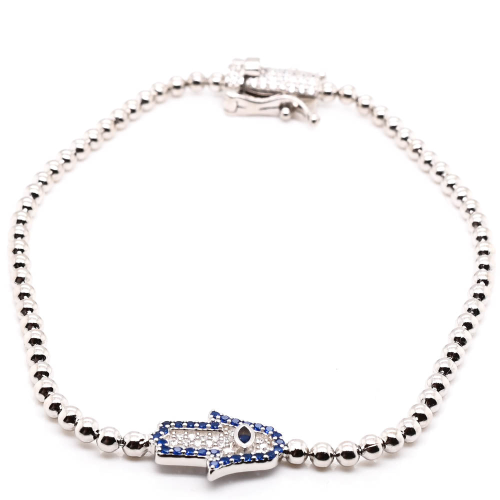 Sterling Silver 8" Blue & White C.Z Hamsa Bracelet.
