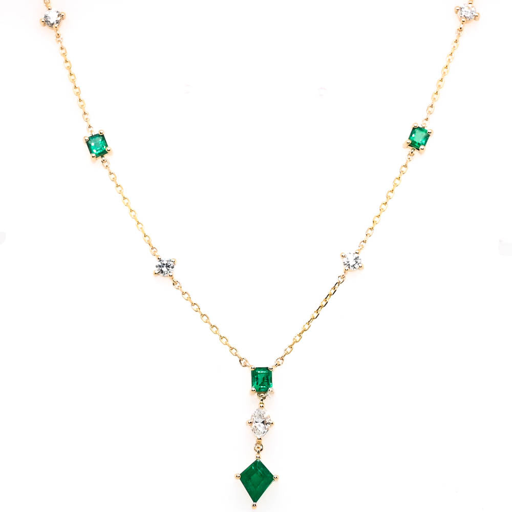 14KT Yellow Gold 18" 1.70CTW Emerald & Diamond Drop Necklace.