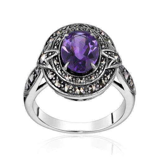 Larus Sterling Silver Amethyst & Marcasite Ring.