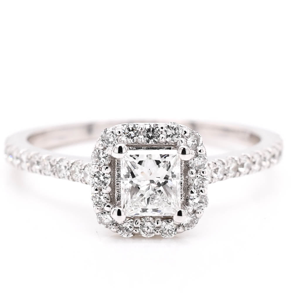 14KT White Gold 0.78CTW Princess Cut Halo Set Diamond Engagement Ring.