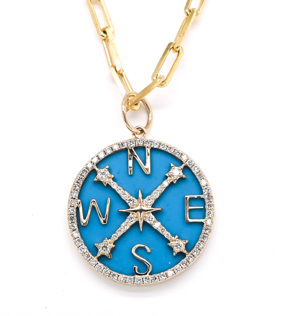 14KT Yellow Gold 17" Turquoise and Diamond Compass Necklace.