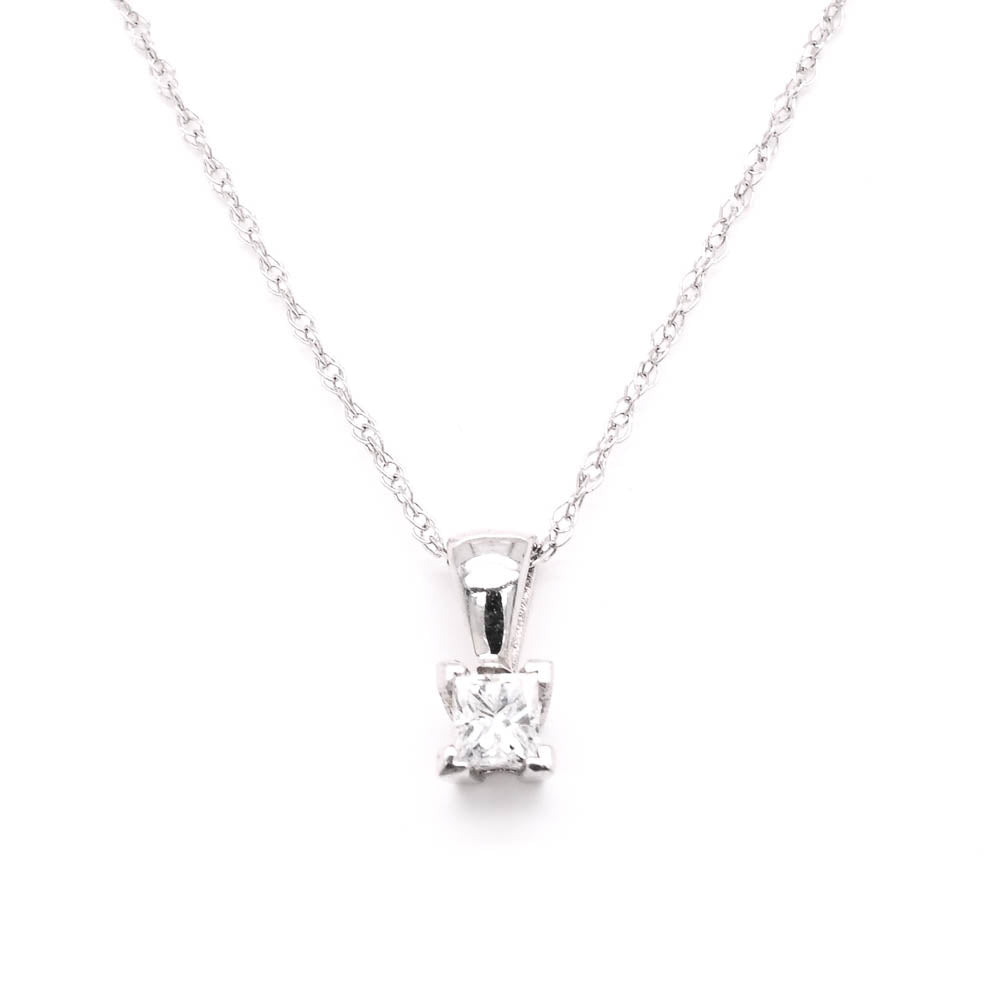 14KT White Gold 18" 0.15CTW Princess Cut Diamond Solitaire Necklace.