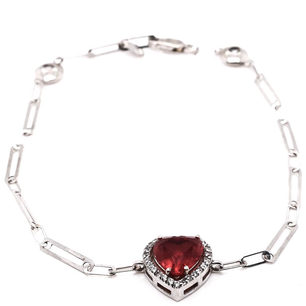 10KT White Gold 7.75" Red C.Z Heart Paper Clip Bracelet