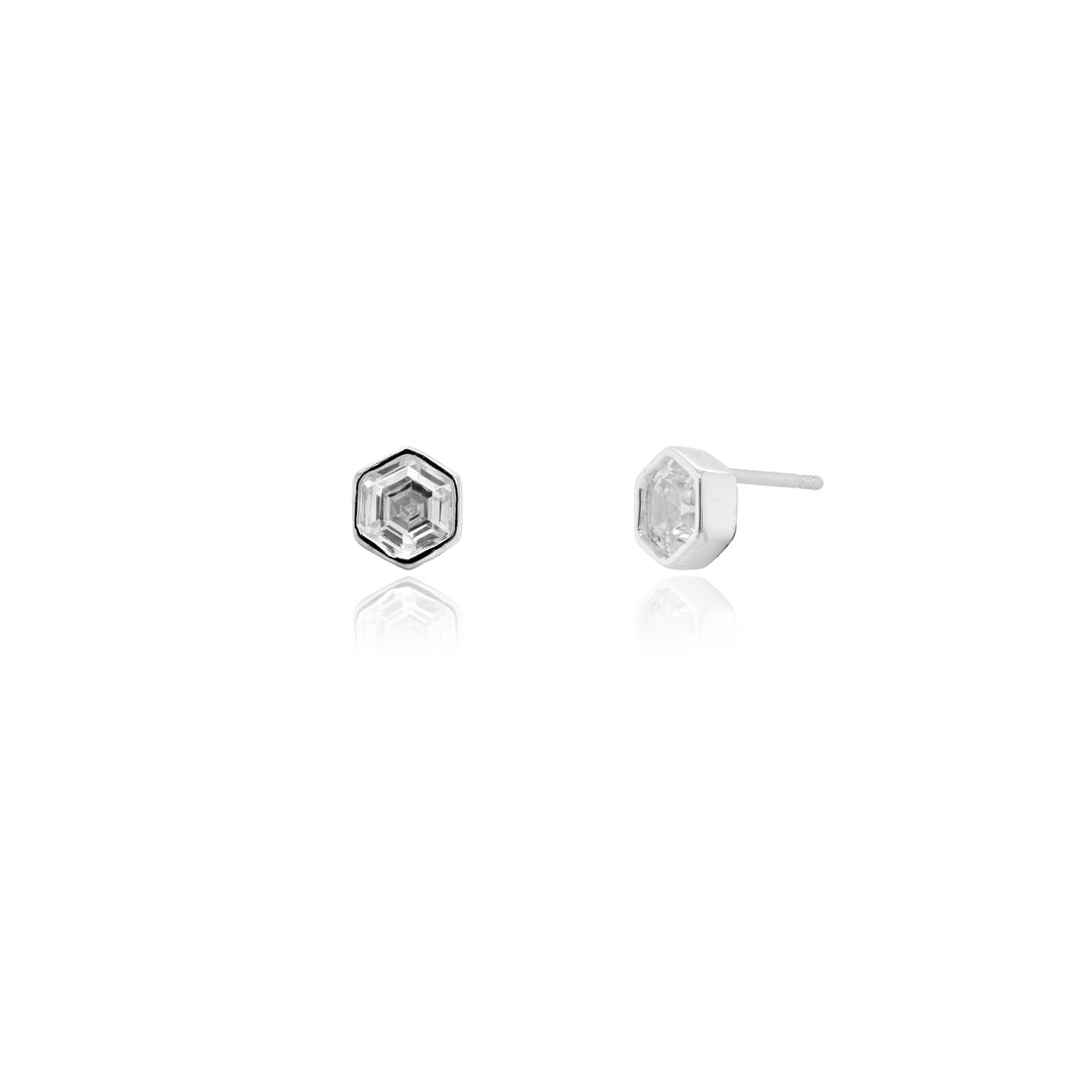 Sterling Siver Bevel Set CZ Hexagon Stud Earrings.