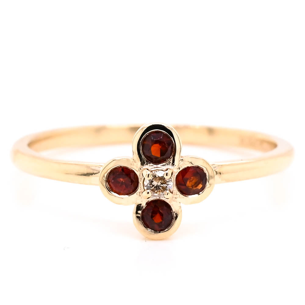 10KT Yellow Gold Garnet & Diamond Flower Ring.