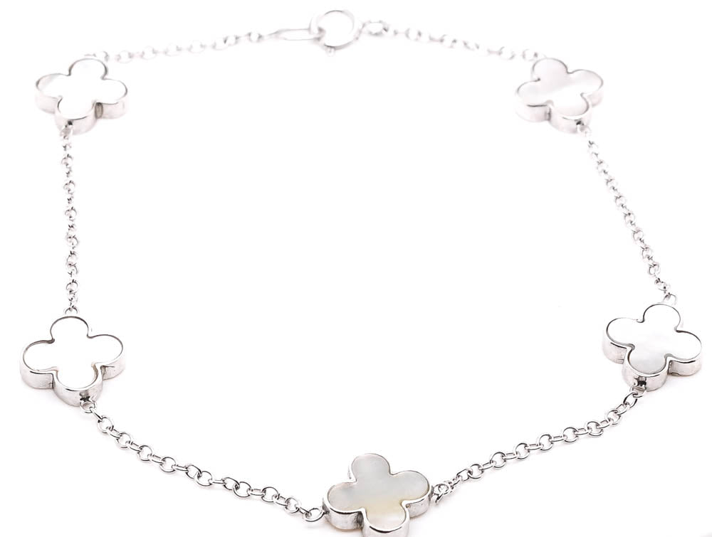14KT White Gold 7.75" 5 Stone Mother of Pearl Clover Bracelet.