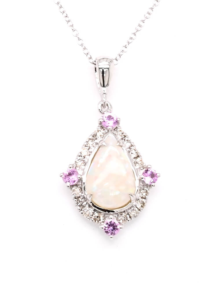10KT White Gold 18" Pear Shape Opal Pink Sappire & Diamond Necklace.
