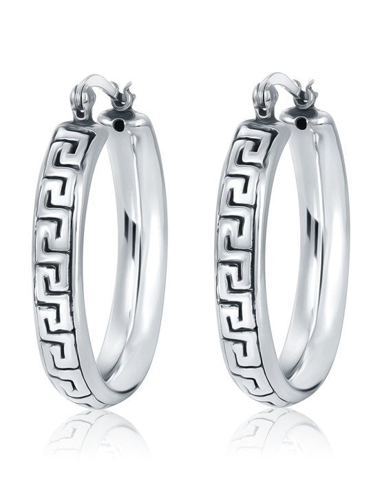 Larus Sterling Silver 30x20mm Greek Key Hoop Earrings.