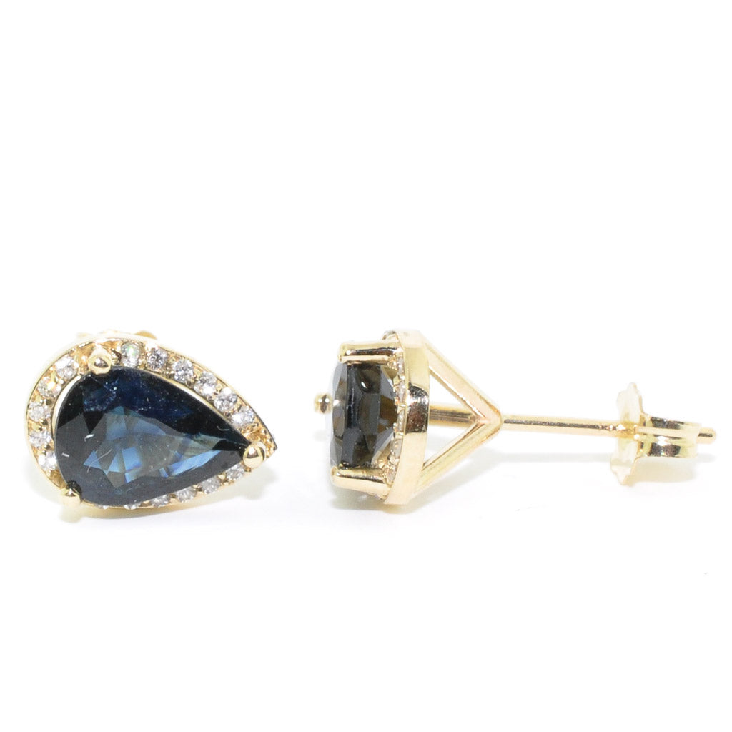 14KT Yellow Gold Blue Sapphire and Diamond Stud Earrings.