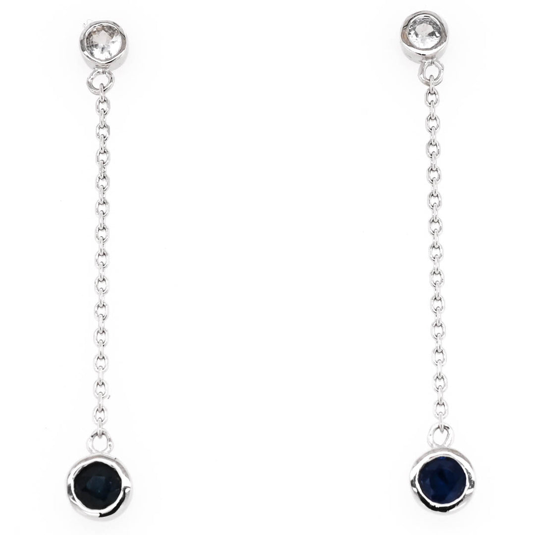 14KT White Gold White Sapphire & Blue Sapphire Dangle Earrings.