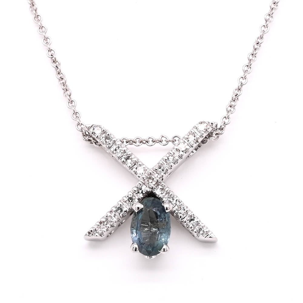 14KT White Gold 20" 0.45CTW Oval Shape Alexandrite & Diamond "X" Necklace.