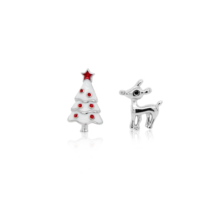 Sterling Silver Enamel Mis Matched Reindeer and Christmas Tree Stud Earrings.