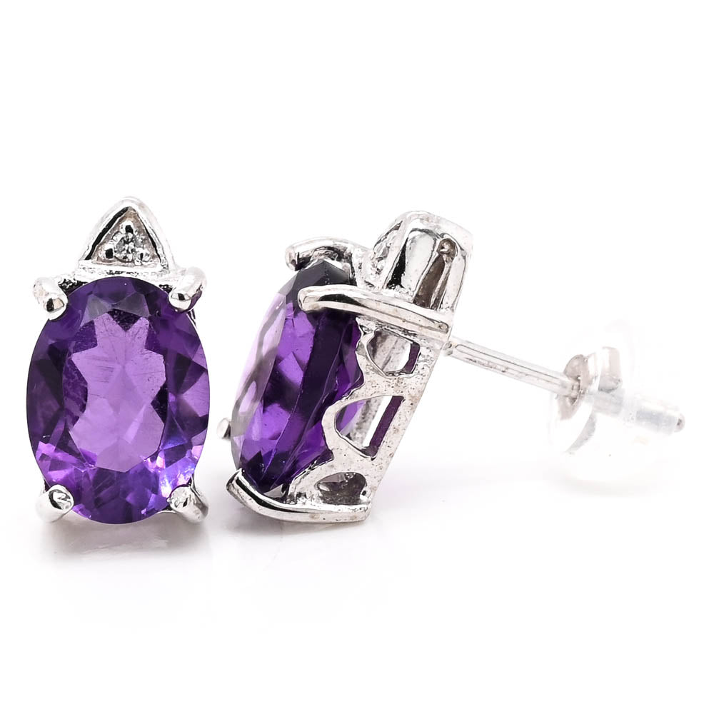 10KT White Gold Amethyst & Diamond Stud Earrings.