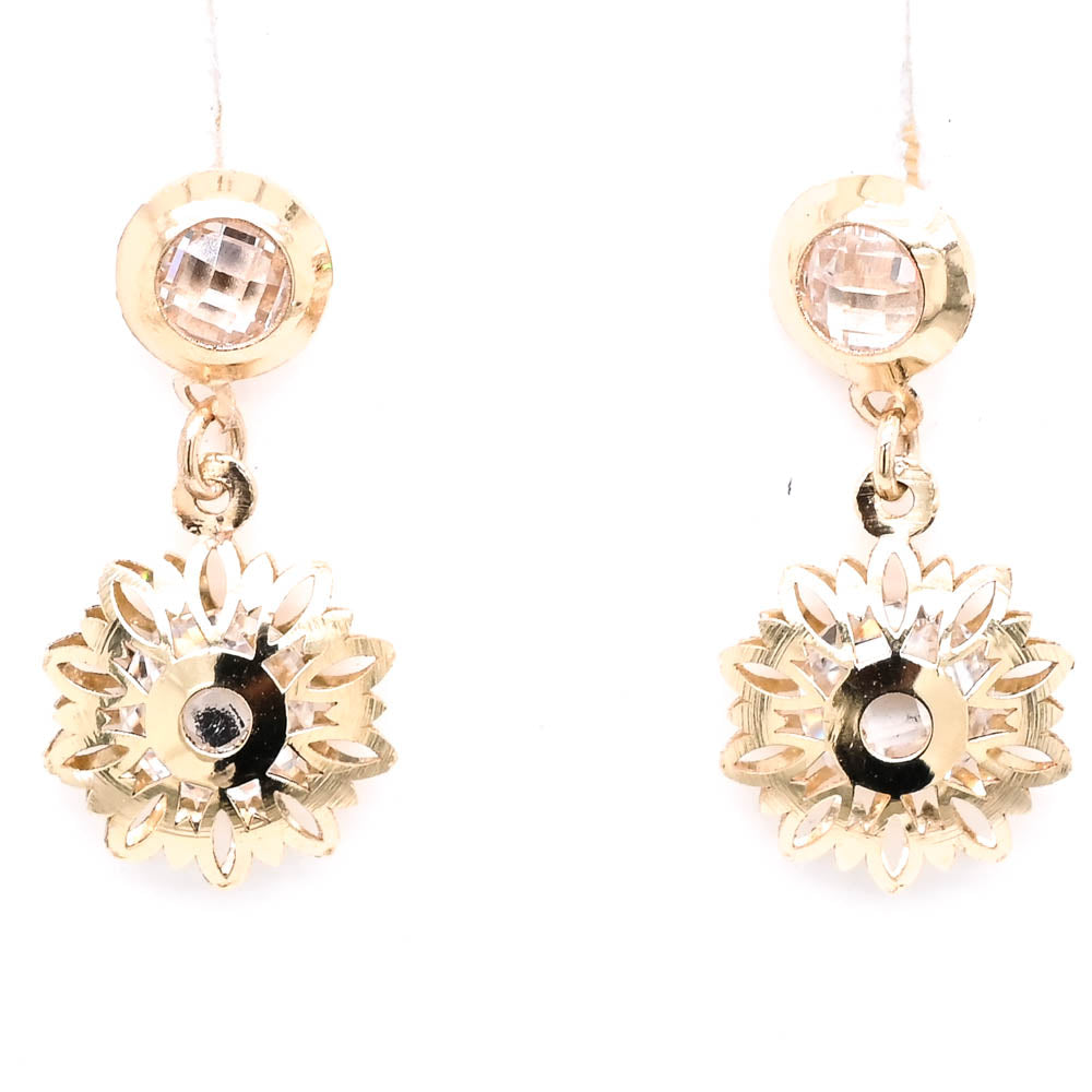 10KT Yellow Gold C.Z Flower Dangle Earrings.