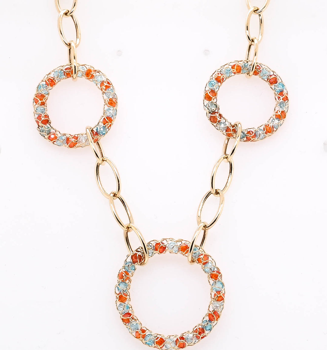 10KT Yellow Gold 18" Blue & Orange C.Z Circle Bohemian Style Necklace.