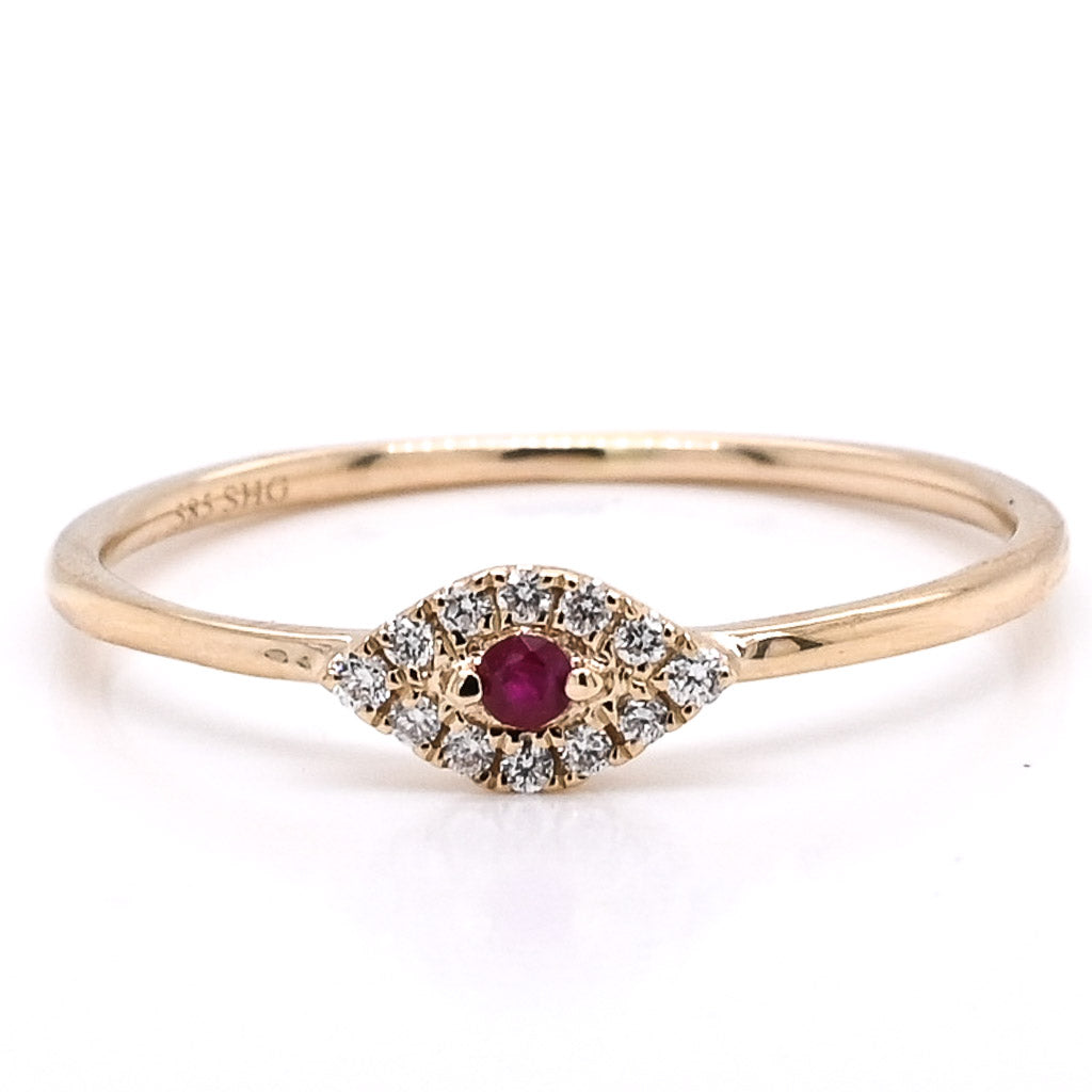 14KT Yellow Gold 0.03CT Round Ruby & Diamond Evileye Ring.