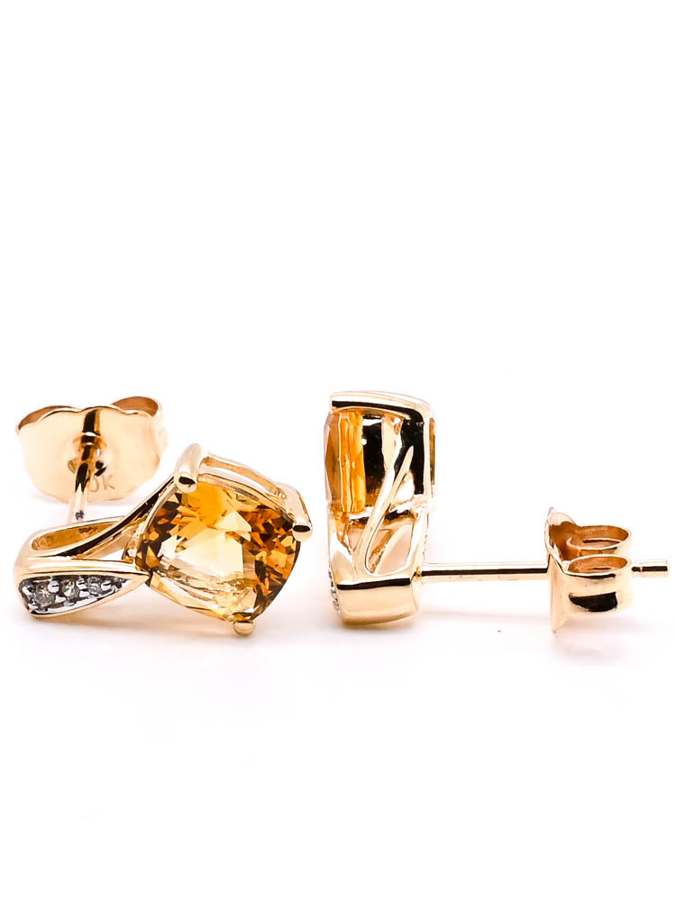 10KT Yellow Gold 1.60CT Cushion Cut Citrine & Diamond Earrings.