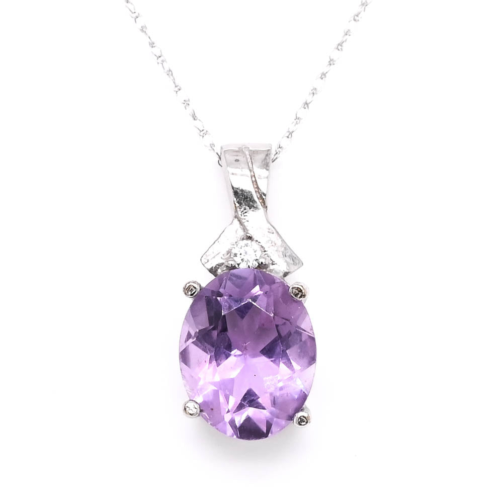 10KT White Gold 18" Amethyst & Diamond Necklace