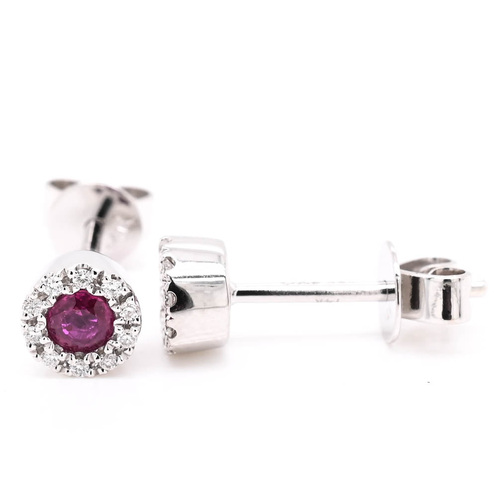 14KT White Gold 0.22CTW Ruby & Diamond Halo Set Earrings.