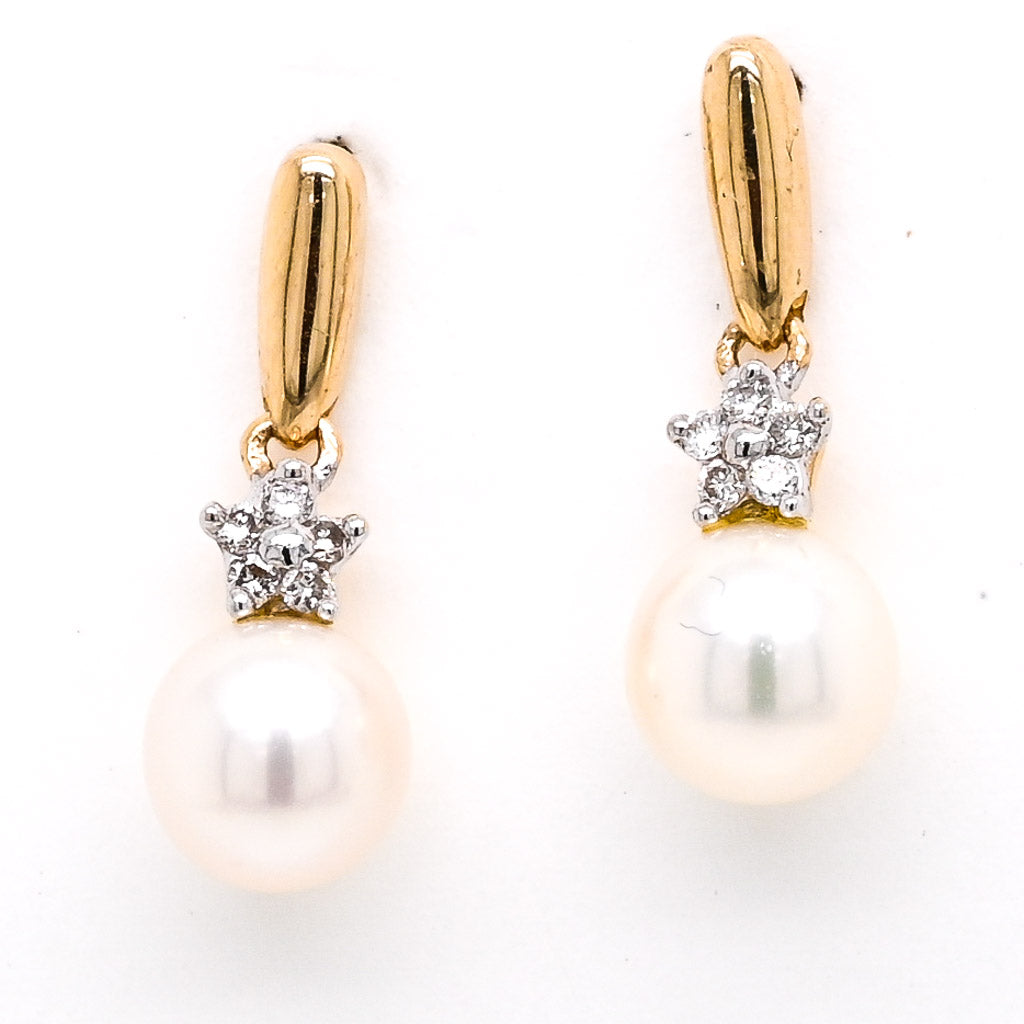 14KT Yellow Gold 5.5mm Freshwater Pearl & Diamond Drop Earrings.