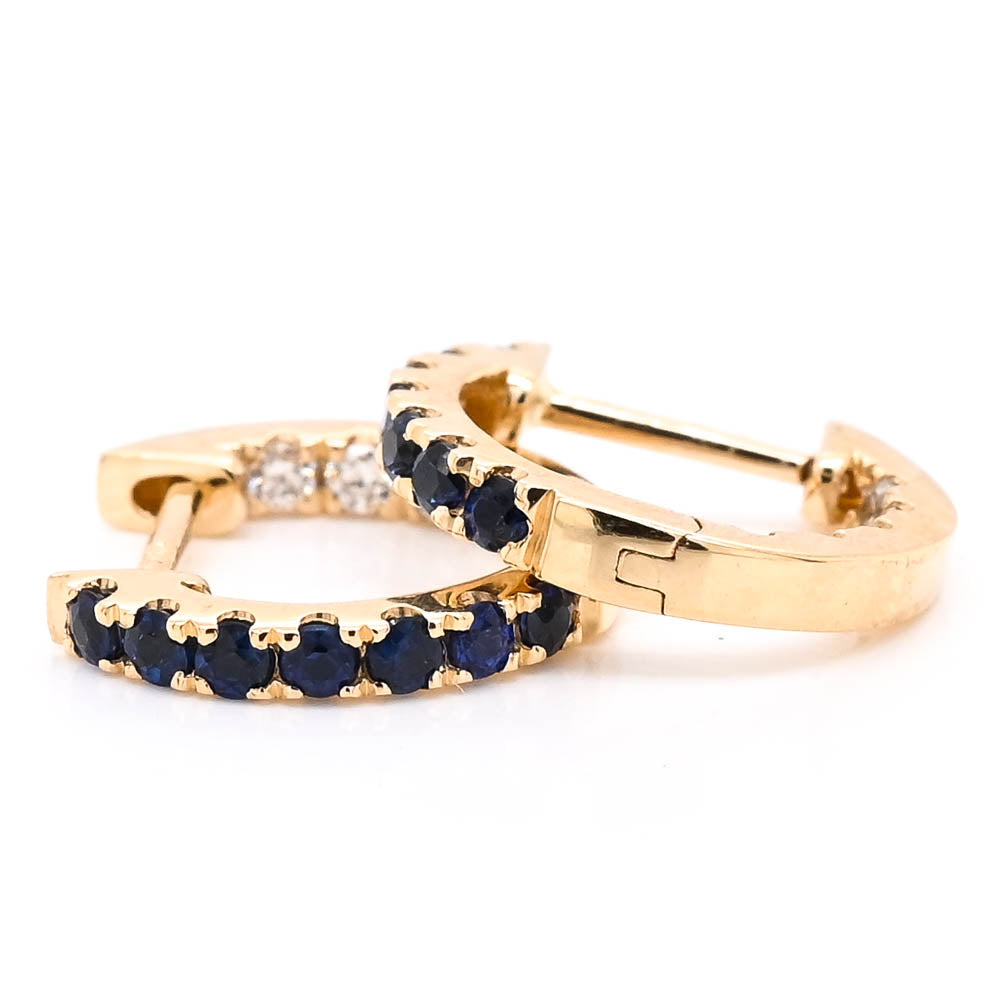 14KT Yellow Gold 0.29CTW Blue Sapphire& Diamond Huggies Earrings.