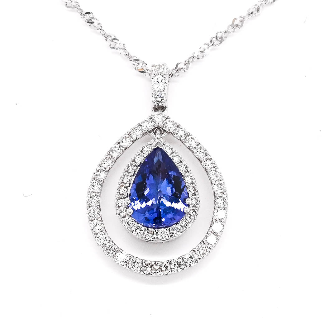 14KT White Gold 18" 2.20CTCT Pear Shape Tanzanite & Diamond Double Halo Set Necklace.