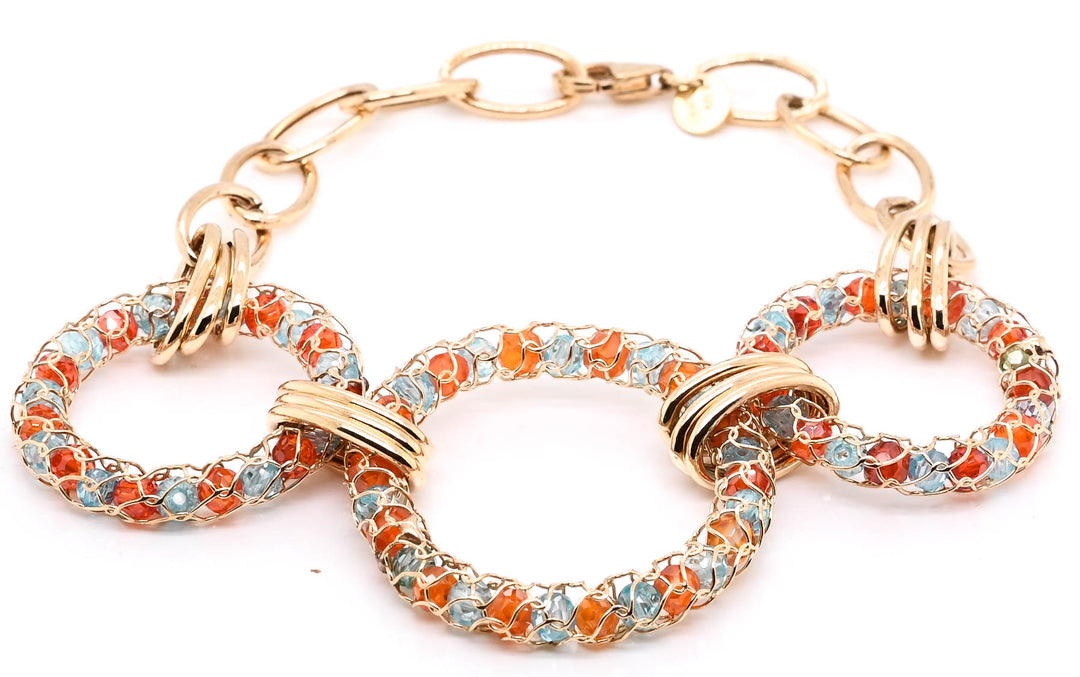 10KT Yellow Gold 8" Blue & Orange C.Z Circle Bohemian Style Bracelet.